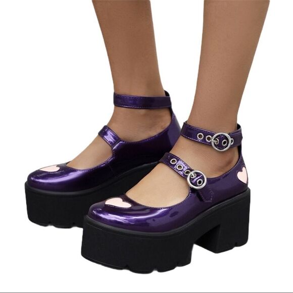 Wild Time Fashion Shoes - Purple Patent Double Straps Mary Jane Chunky Heel Platforms - NEW